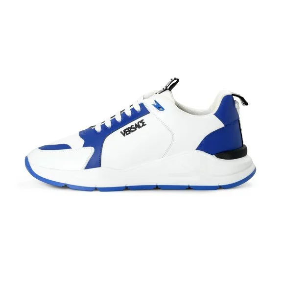 Versace Men's White & Blue Canvas Leather Logo Sneakers Shoes
